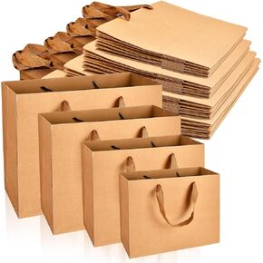 Lainballow 20 PCS حقائب هدايا الورق البني مع مقابض الشريط - 4 أحجام متنوعة أكياس البضائع Kraft للأعمال التجارية ، البوتيك ، البيع بالتجزئة ، عطلة ، حفلة