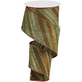 Multi Diagonal Stripes on Royal Wired Edge Ribbon (2.5 Inches, Moss Green, Copper, Burgundy) - 10 Yards