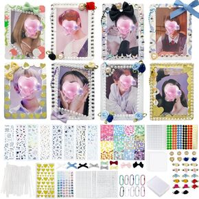 K-pop DIY Photocard Toploader Decoration Kit – Includes 10pcs Hard Photocard Holder Sleeve 3D Flowers & Ribbon Bows, Stickers, and 3D Sticker for Card Trading
