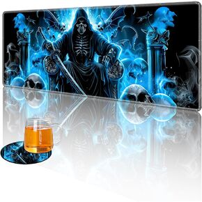 Large Gaming Mouse Pad with Coaster Edge Stitching Blue Fire Skull Spirits Rider Keyboard Mouse Mat for Desk Household Extended Desktop Mouse Pad Polyester Surface and Non-Slip Rubber Base