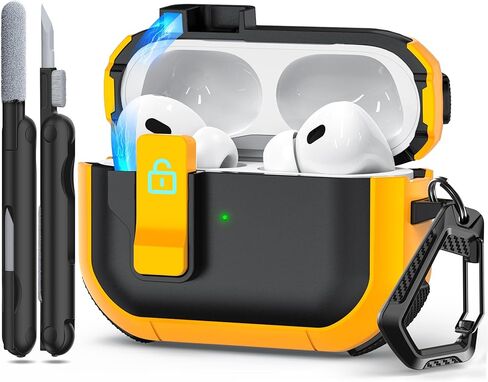 حافظة قفل آمنة من RFUNGUANGO لأجهزة AirPods الجيل الرابع، غطاء واقٍ لكامل الجسم مقاوم للصدمات من الدرجة العسكرية مع حلقة تسلق ومجموعة منظف مضادة للفقدان، حافظة مدرعة مقاومة للغبار لأجهزة AirPods 4 Gen (أسود) in Kuwait