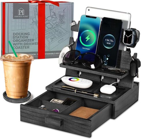 Black Solid Wood Phone Docking Station for up to 3 Phones - Nightstand Organizer for Men & Women Holds Multiple Phones, Tablets, Apple Watch & More - Neatly Stores Keys, Rings, Glasses & EDC in Kuwait
