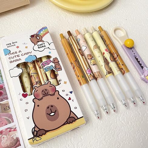 6 Pcs Capybala Retractable Cute Cartoon Capybara Pens 0.5mm Black Ink Soft Grip Gel Ink Aesthetic Office School Supplies for Girls Boys Women Men in Saudi Arabia