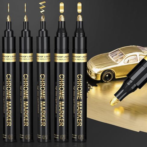 5 Liquid Gold Paint Pens for Art, Mirror Chrome Marker, Reflective Gloss Permanent Marker, Touch Up Repair Paint Pen for Model, Wood, Rock, Glass, and Christmas Ornaments Craft (2-3mm / 1mm / 1-3mm) in Saudi Arabia