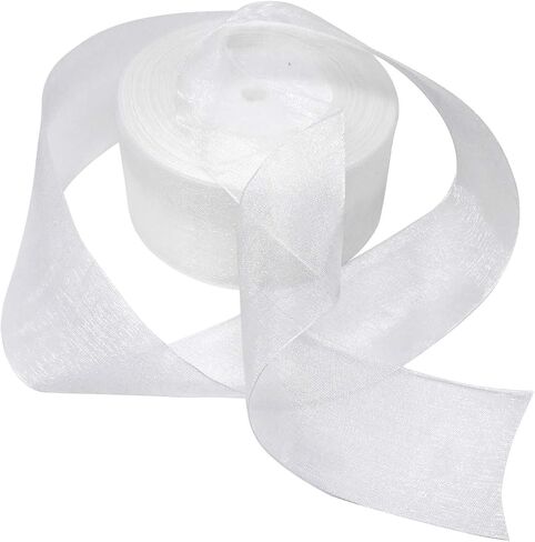 Honbay 50 Yards Shimmer Sheer Organza Satin Ribbon (White) in Saudi Arabia