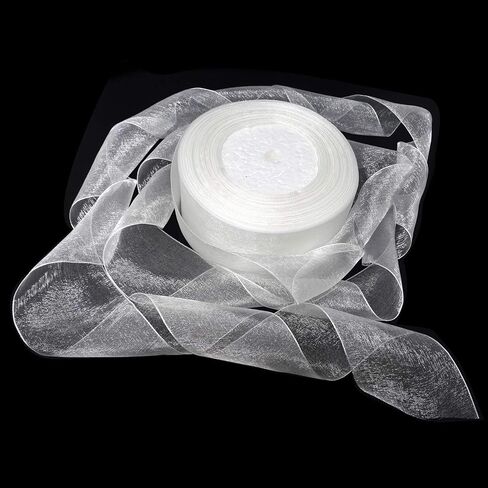 Honbay 50 Yards Shimmer Sheer Organza Satin Ribbon (White) in Saudi Arabia