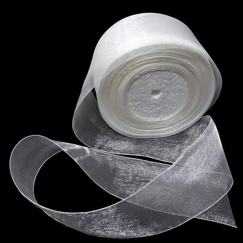 Honbay 50 Yards Shimmer Sheer Organza Satin Ribbon (White) in Saudi Arabia