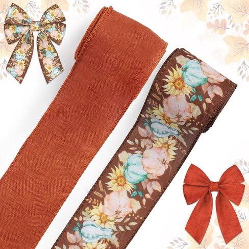 ABTOLS 2 Roll 10 Yards Fall Ribbons, 2.5" Orange Solid Wired Edge Burlap Ribbon Sunflower Pumpkin Ribbon Thanksgiving Farmhouse Wrapping Ribbon for Autumn Home Party Decor Gift DIY Crafts Wreaths Bow in Saudi Arabia