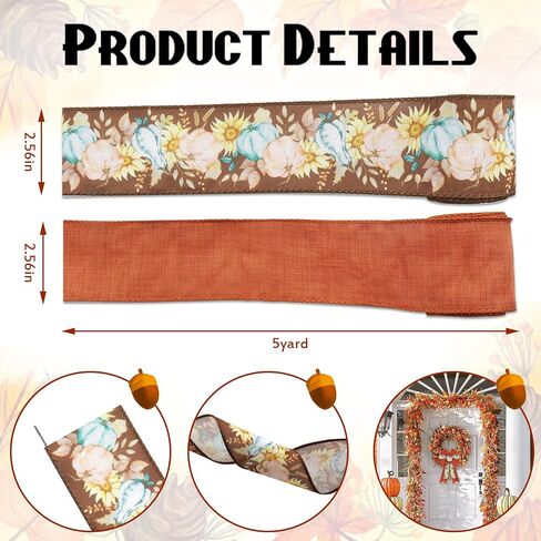 ABTOLS 2 Roll 10 Yards Fall Ribbons, 2.5" Orange Solid Wired Edge Burlap Ribbon Sunflower Pumpkin Ribbon Thanksgiving Farmhouse Wrapping Ribbon for Autumn Home Party Decor Gift DIY Crafts Wreaths Bow in Saudi Arabia