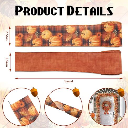 ABTOLS 2 Roll 10 Yards Fall Ribbons, 2.5" Orange Solid Wired Edge Burlap Ribbon Sunflower Pumpkin Ribbon Thanksgiving Farmhouse Wrapping Ribbon for Autumn Home Party Decor Gift DIY Crafts Wreaths Bow in Saudi Arabia