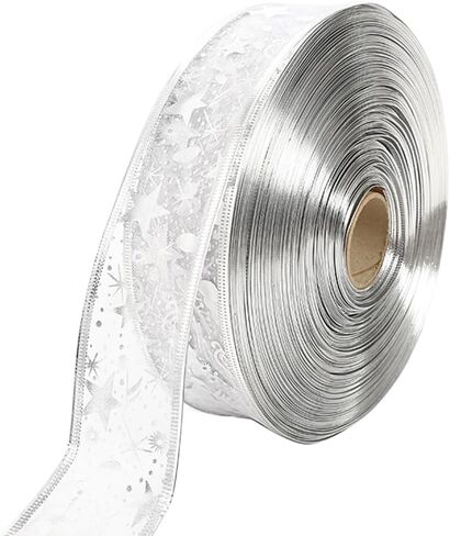 2 Inch Silver Star Ribbon Wired Christmas Transparent Organza Ribbon Wide Music Note Glitter Metallic Sheer Ribbons Bulk with Spool for Sewing Making Crafts Bouquets Xmas Wedding DIY Supply in Saudi Arabia