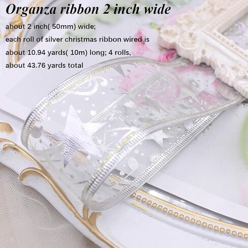 2 Inch Silver Star Ribbon Wired Christmas Transparent Organza Ribbon Wide Music Note Glitter Metallic Sheer Ribbons Bulk with Spool for Sewing Making Crafts Bouquets Xmas Wedding DIY Supply in Saudi Arabia