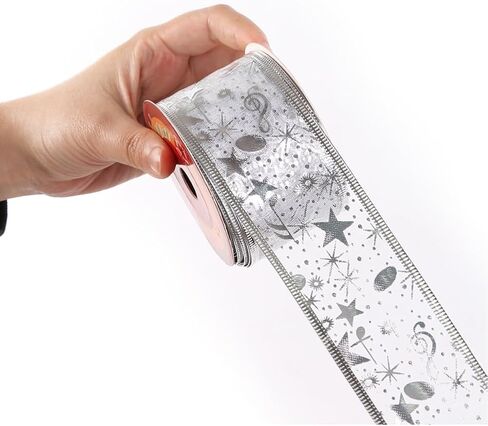 2 Inch Silver Star Ribbon Wired Christmas Transparent Organza Ribbon Wide Music Note Glitter Metallic Sheer Ribbons Bulk with Spool for Sewing Making Crafts Bouquets Xmas Wedding DIY Supply in Saudi Arabia