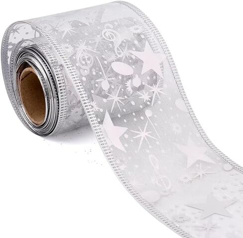 2 Inch Silver Star Ribbon Wired Christmas Transparent Organza Ribbon Wide Music Note Glitter Metallic Sheer Ribbons Bulk with Spool for Sewing Making Crafts Bouquets Xmas Wedding DIY Supply in Saudi Arabia