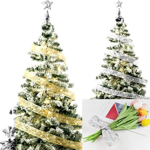 2 Inch Silver Star Ribbon Wired Christmas Transparent Organza Ribbon Wide Music Note Glitter Metallic Sheer Ribbons Bulk with Spool for Sewing Making Crafts Bouquets Xmas Wedding DIY Supply in Saudi Arabia