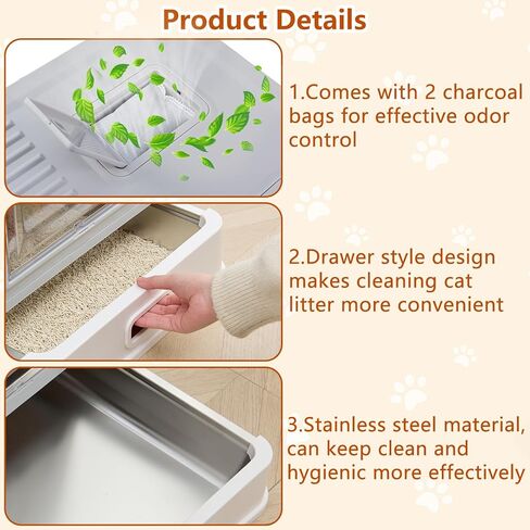 صندوق فضلات القطط من الفولاذ المقاوم للصدأ للتحكم في الرائحة من ELEGX، طقم صندوق فضلات معدني كبير 4 في 1 للقطط، صندوق فضلات معدني مغلق قابل للإزالة مع حاوية عالية الجوانب، بساط فضلات القطط ومغرفة، سهل التنظيف للغاية in Kuwait