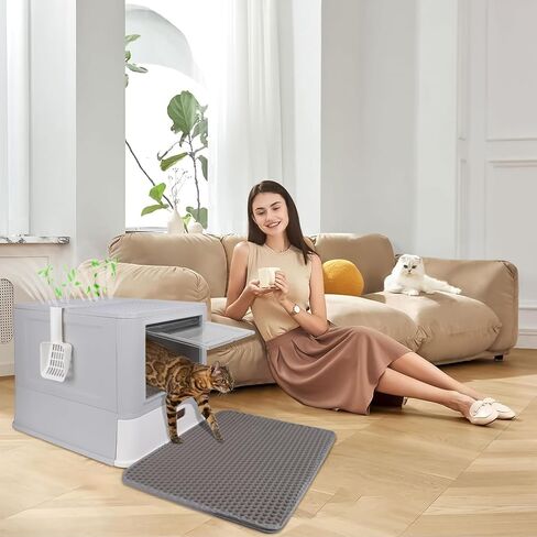 صندوق فضلات القطط من الفولاذ المقاوم للصدأ للتحكم في الرائحة من ELEGX، طقم صندوق فضلات معدني كبير 4 في 1 للقطط، صندوق فضلات معدني مغلق قابل للإزالة مع حاوية عالية الجوانب، بساط فضلات القطط ومغرفة، سهل التنظيف للغاية in Kuwait