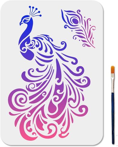 MAYJOYDIY Peacock Stencil Mandala Peacock Stencils 11.7x8.3inch Peacock Plume Reusable Plastic Stencils with Paint Brush Feather Painting Templates for Craft on Window Wood Wall Home Decor in Saudi Arabia