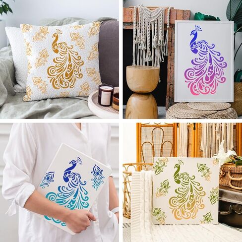 MAYJOYDIY Peacock Stencil Mandala Peacock Stencils 11.7x8.3inch Peacock Plume Reusable Plastic Stencils with Paint Brush Feather Painting Templates for Craft on Window Wood Wall Home Decor in Saudi Arabia