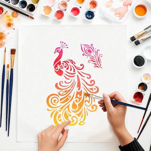 MAYJOYDIY Peacock Stencil Mandala Peacock Stencils 11.7x8.3inch Peacock Plume Reusable Plastic Stencils with Paint Brush Feather Painting Templates for Craft on Window Wood Wall Home Decor in Saudi Arabia