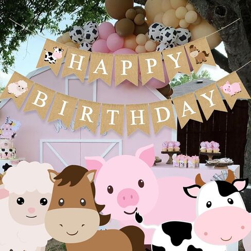 Farm Animal Birthday Banner Party Decoration Barnyard Cow Horse Sheep Pig Garlands Boys Girls Farmhouse Supplies White in Kuwait