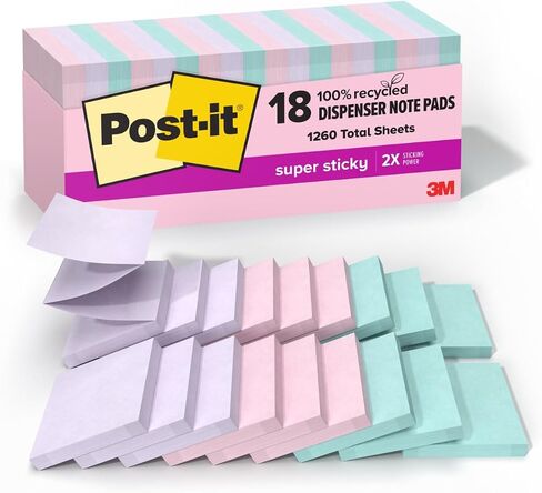 Post-it 100% Recycled Paper Super Sticky Pop-up Notes, 18 Sticky Note Pads, 3 in. x 3 in.,Wanderlust Pastels, School Supplies and Office Products in Saudi Arabia