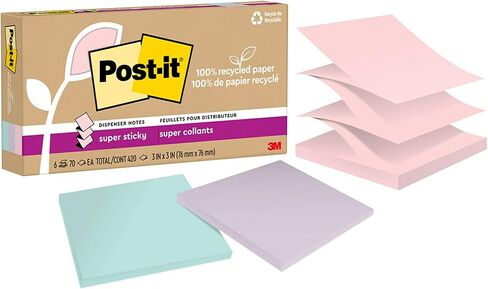 Post-it 100% Recycled Paper Super Sticky Pop-up Notes, 18 Sticky Note Pads, 3 in. x 3 in.,Wanderlust Pastels, School Supplies and Office Products in Saudi Arabia