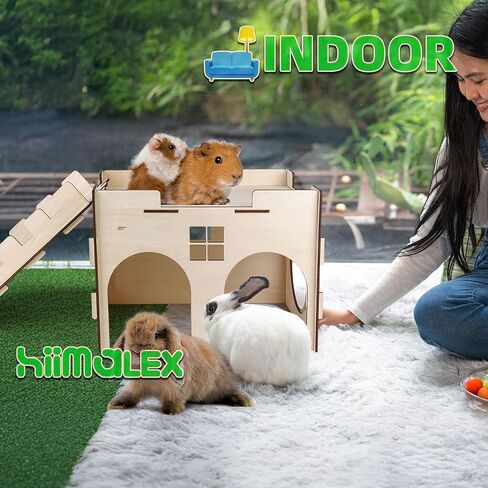 هدية hiimalex 3 في 1 للأرنب: قلعة أرنب خشبية مع منحدر وسرير قطيفة ونفق قابل للطي للأرانب الداخلية والخنازير الغينية والهامستر وقنفذ شينشيلا جربيل للعب الغميضة والراحة in Kuwait
