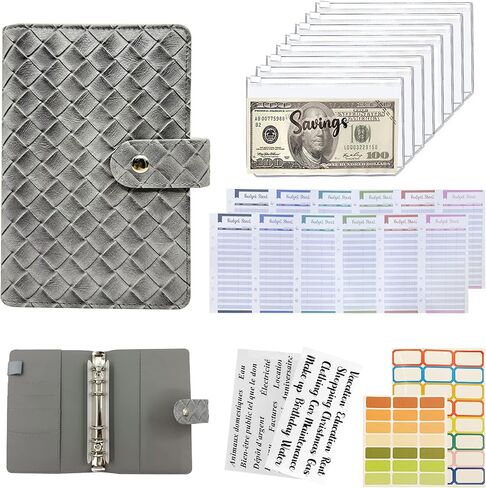 Braided a6 Gray Budget Binder Money Wallet Organizer Planner with Zipper Cash Envelopes Sheets and Stickers for Both Women and Men Office Holder leather-005GRY in Saudi Arabia