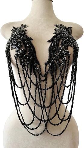 Handmade Rhinestone Fringe Patch Trim Crystal Beaded Applique for Sewing Crafts Wedding Party Decoration Bridal Dress Accessories 4.7X19.6inches (Black) in Saudi Arabia