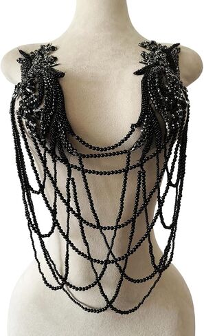 Handmade Rhinestone Fringe Patch Trim Crystal Beaded Applique for Sewing Crafts Wedding Party Decoration Bridal Dress Accessories 4.7X19.6inches (Black) in Saudi Arabia