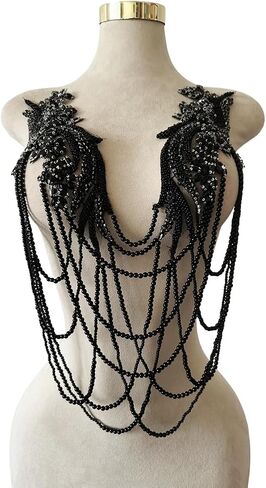 Handmade Rhinestone Fringe Patch Trim Crystal Beaded Applique for Sewing Crafts Wedding Party Decoration Bridal Dress Accessories 4.7X19.6inches (Black) in Saudi Arabia
