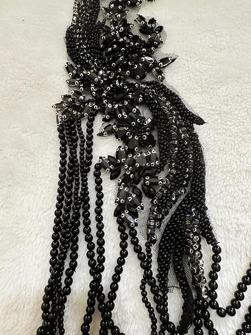Handmade Rhinestone Fringe Patch Trim Crystal Beaded Applique for Sewing Crafts Wedding Party Decoration Bridal Dress Accessories 4.7X19.6inches (Black) in Saudi Arabia