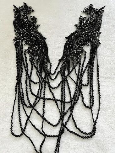 Handmade Rhinestone Fringe Patch Trim Crystal Beaded Applique for Sewing Crafts Wedding Party Decoration Bridal Dress Accessories 4.7X19.6inches (Black) in Saudi Arabia