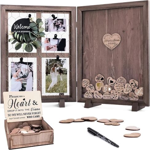 Y&K Homish Wedding Guest Book Alternative, Rustic Wedding Decorations for Reception, Favors for Guests 80 Hearts Green Wreath (Rustic Brown) in Saudi Arabia