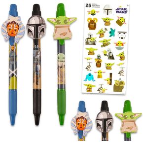 Star Wars Mandalorian School Secorts Baby Yoda Pen Bundle - 4 PC Mandalorian Office Accessories with 3 Ct Baby Yoda Assels and Stickers (Mandalorian Party Supplies)
