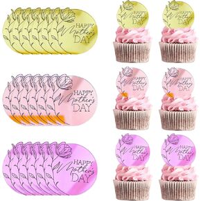 24pcs عيد أم سعيد من القبعات العليا أكريليك كب كيك ، عيد أمهات سعيدا الكعكة توبيبر من محفورة بالقرنفل الزهور قرص كعكة أمي لأم هدايا عيد ميلاد المرأة لوازم الحفلات
