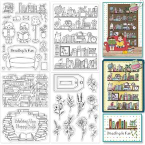 GLOBLELAND 4 Style Bookshelf Clear Stamps Books Bookcase Silicone Stamps Reading Flower Label Rubber Transparent Seal Stamps for Card Making Scrapbooking Decor