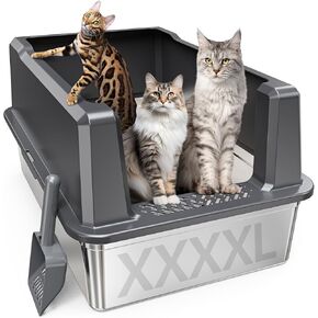 Extra Large Stainless Steel Cat Litter Box with High Sided, 28" L x 20" W x 14" H XXL Litter Box for Big Cats Multiple Cats, Enclosure Cat Litter Box with Anti-Urine Leakage, Easy Clean