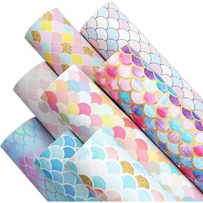 8 Pieces 8x12 Inch(21x30cm) Mermaid Scale Pattern Printed Faux Leather Fabric Sheets Cotton Back for Leather Bows and Earrings Making, Each Pattern One Sheet, in Total 8 Sheets