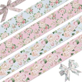 شريط Grosgrain Floral ، 4 حزمة (7/8 "× 5 ياردة لكل منهما) ، شرائط طباعة زهرة قديمة من أجل أقواس الشعر DIY ، زينة الزفاف ، غلاف الهدايا ، الحرف ، لوازم الحفلات