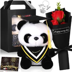 مجموعة هدايا التخرج Vinsot تشمل Panda Plush ، زهرة الصابون الاصطناعية ، بطاقة التخرج ، سلسلة مفاتيح التخرج ، سلسلة LED LED ومربع هدايا مع هدية تخرج النافذة للأصدقاء (أسود وأصفر)