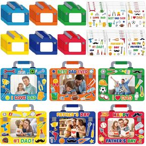 Fuutreo 96 حزم يوم الأب DIY Craft Kits for Kids I Love Dad DIY Picture Frames with Stickers Tool Box Paper Fame