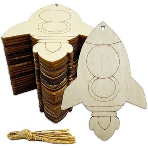 30 PCS 4inch Rocket Wood Wood DIY Crable Crackts Wooden Rocket على شكل حلي معلقة مع علامات هدايا Hole Hemp Home لمشروع كرافت عيد ميلاد المنزل