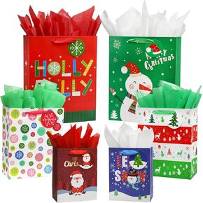 Bobobag 6 Pack Bare Christmas Gift Wits With Tissue Paper ، أحجام متنوعة وتصميمات أكياس عيد الميلاد للهدايا Merry Christmas (2 كبيران 16 "، 2 متوسطة 12" ، 2 صغير 9 ")
