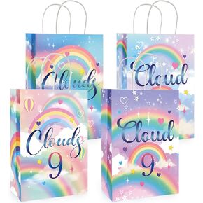 INCOK 16 PCS CLOUDS التاسعة حقيبة هدايا عيد ميلاد - قوس قزح السحب ، يفضل حقائب الحفلات مع مقبض الأنسجة الورق ، نحن على السحابة 9 أكياس للوجبات الخفيفة للفتيات الأولاد التاسع ، 5.91 × 3.15 × 8.27 بوصة