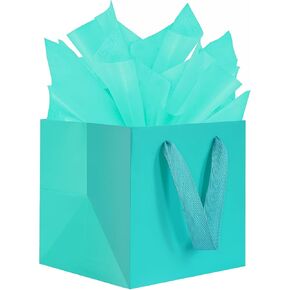 KEYYOOMY Teal Blue Square Gift Bags with Tissue Paper - Medium Size with Handles for Party Favors & Birthdays (10 CT, 8x8x8 in)