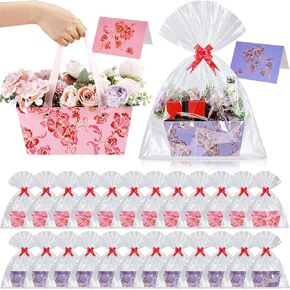 Kolldenn 96 PCS سلة زهرة عيد الأم للهدايا فارغة 9.8 × 6.5 '' سلة الهدايا الزهرية لملء صندوق باقة أرجواني وردي مع مقابض أقواس البلاستيك وبطاقة لترتيب حفل زفاف شاي حفلة
