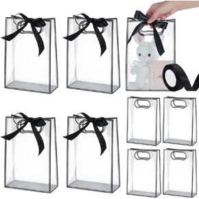 UniCraftale 15 PCS كيس هدايا بلاستيكي سوداء صافٍ 26 سم مستطيلات شفافة قابلة للطي أكياس هدايا بلاستيكية مع مقابض ثقب قابلة لإعادة الاستخدام لحفل زفاف عيد ميلاد البوتيك لصالح عيد الميلاد عيد الميلاد