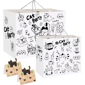 Pineraap 2 Pcs Cat Gift Bag with Cat Greeting Cards - Birthday Gift Bags 2 Sizes - Large 15.7"×11.8"×7" - Medium 11.8"×10.4"×5.1" - Pet Cat Party Favors Birthday Decorations Party Supplies